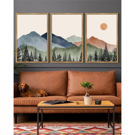 Drsoum Mountain Wall Art 16x24in3pcs Brown Framed Classic Retro Floral Wall Prints Farmhouse Kitchen Hallway Bedroom Decor