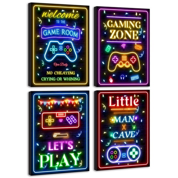 Drsoum Video Game Room Decor for Boys Gaming Wall Art Neon for Teenage Boy Ready to Hang 8x10in4pcs Natural Framed
