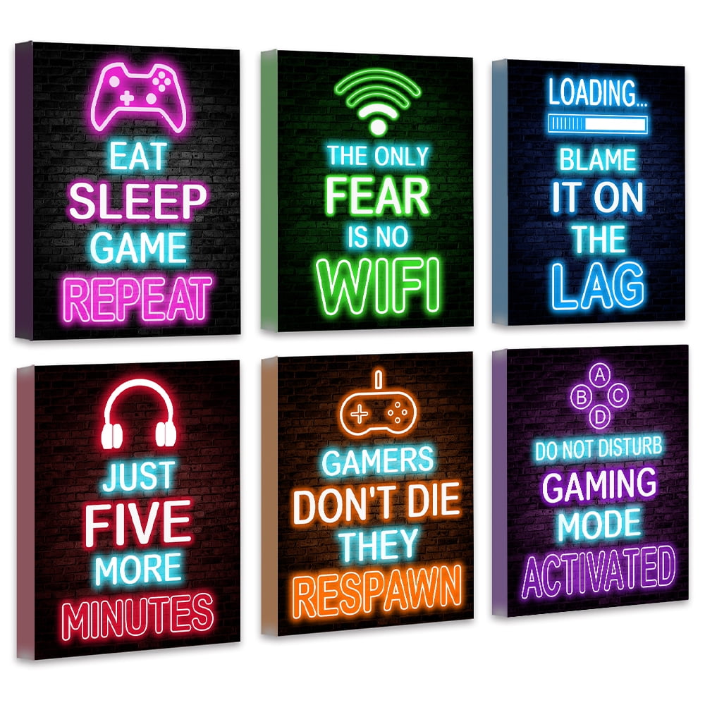 Neon Gamer Wall Art Set with Wood Frames for Kids