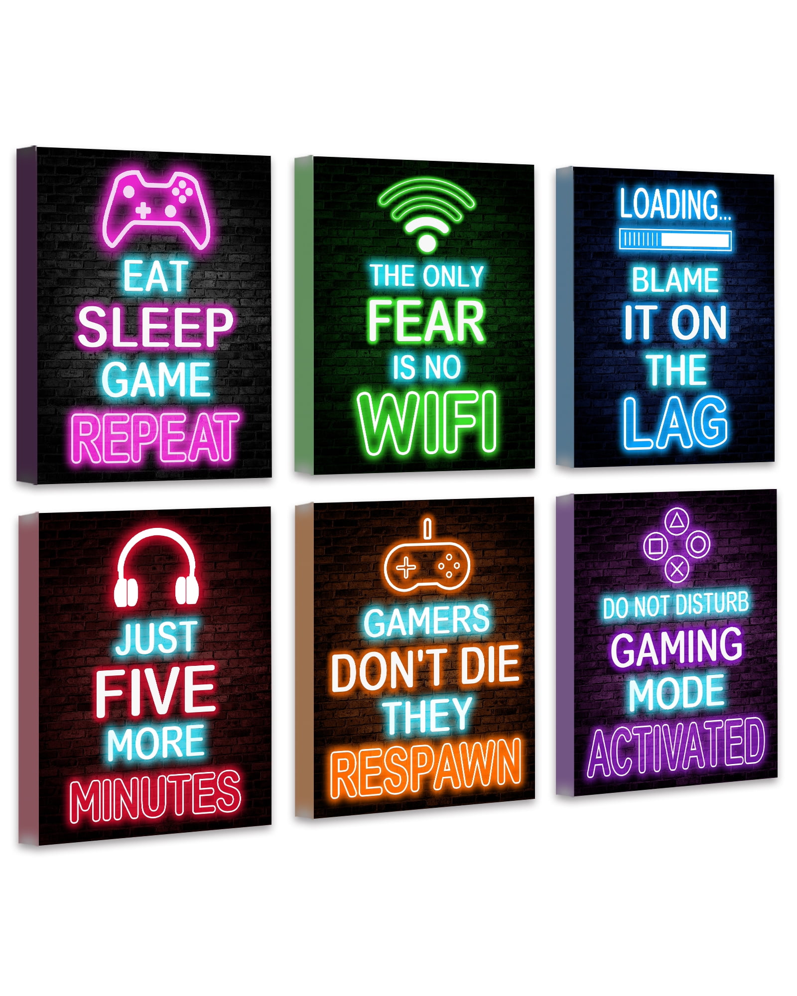 Neon Gamer Wall Art Set with Wood Frames for Kids