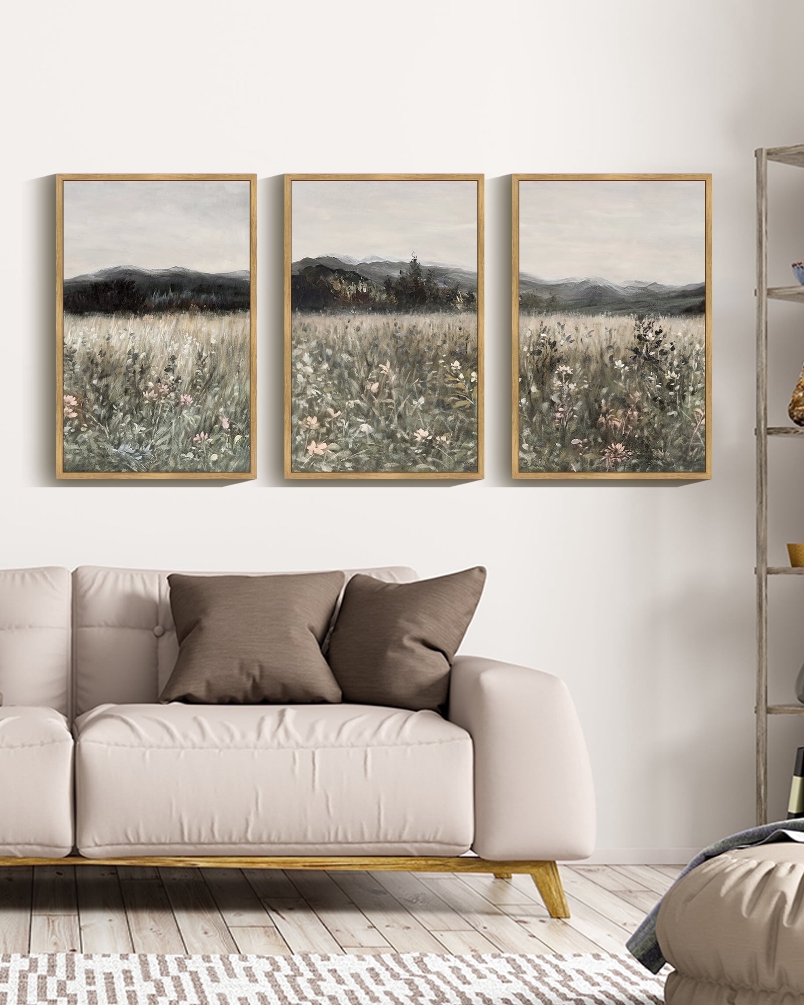 Drsoum Vintage 16x24in3pcs Brown Framed Landscape Canvas Wall Art Prairie in Full Bloom Classic Wall Prints Modern Farmhouse Decor