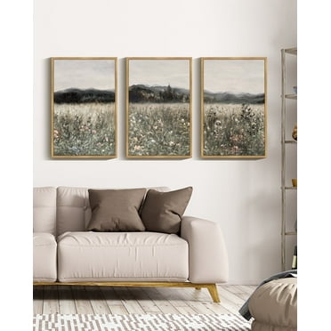 Drsoum Vintage 16x24in3pcs Brown Framed Landscape Canvas Wall Art Prairie in Full Bloom Classic Wall Prints Modern Farmhouse Decor