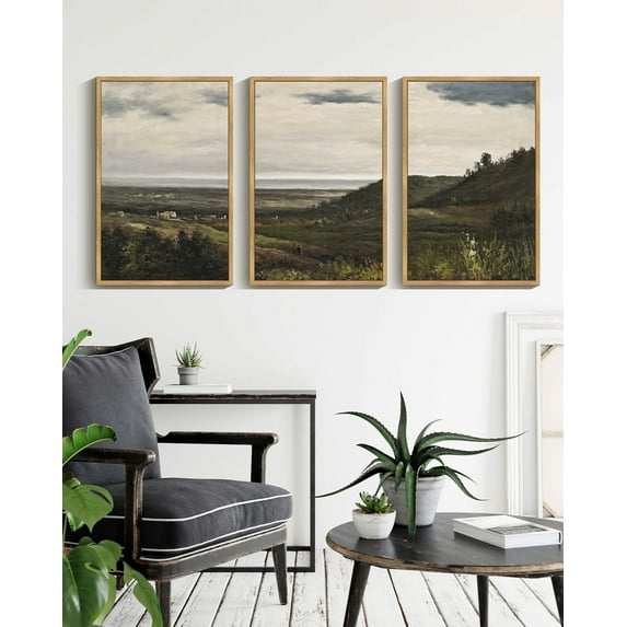 Drsoum Vintage 16x24in3pcs Brown Framed Landscape Wall Art Wilderness Mountain Retro Classic Farmhouse Paints Rustic