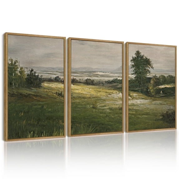 Drsoum Vintage 24x36in Brown Framed Landscape Canvas Wall Art The Vast Grassland Classic Wall Prints Modern Decor