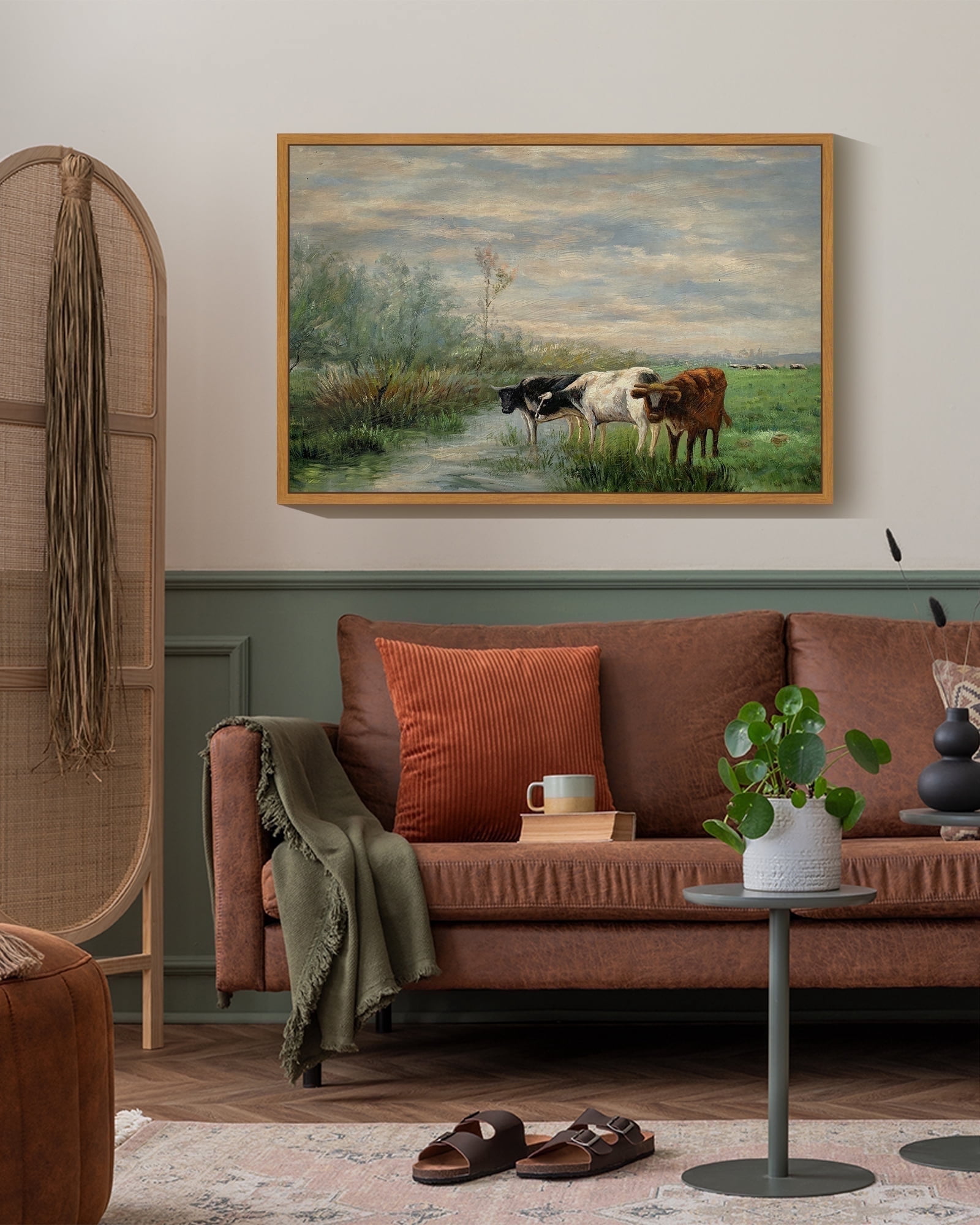 Drsoum Vintage 24x36in Natural Framed Landscape Canvas Wall Art Cow Farm Classic Wall Prints Modern Farmhouse Bathroom Office Decor