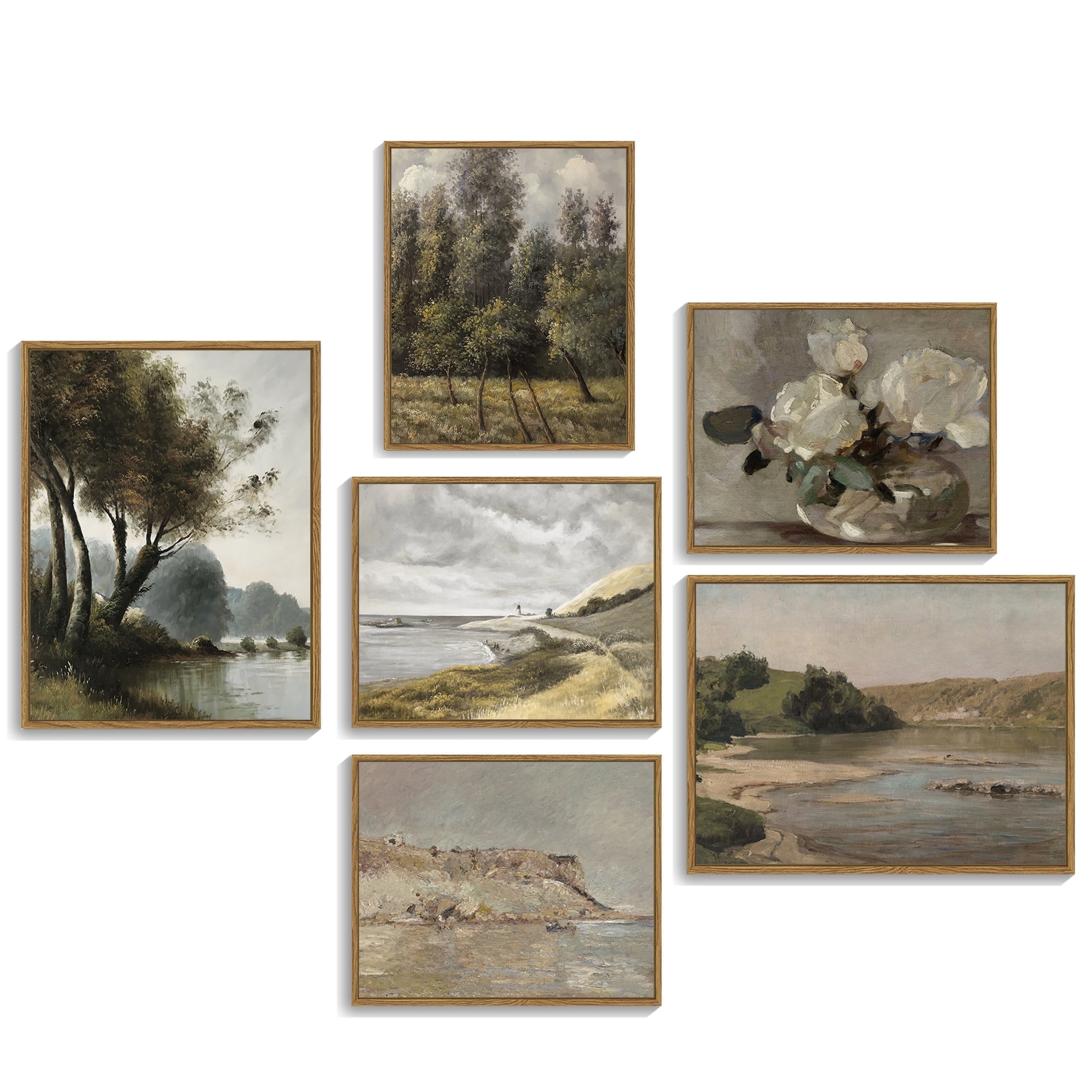Drsoum Vintage 8x10in4pcs+11x14in2pcs Brown Framed Landscape Canvas Wall Art Classic Painting Modern Farmhouse Decor