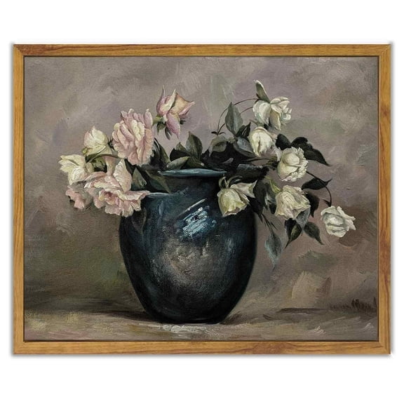 Drsoum Vintage Classical Canvas Wall Art Framed Oil Painting The Flowers of a Vase Room Decor for Bathroom Bedroom Office Hallway - 8x10in Natural Framed