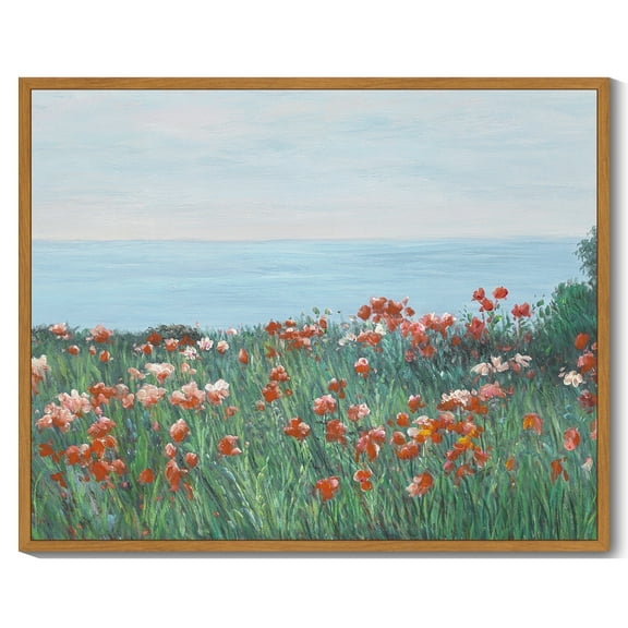 Drsoum Vintage Coastal Red Wildflower Field Wall Prints Classic Retro Farmhouse Landscape Wall Art Rustic Decorations for Living Room Bedroom 8x10in Natural Framed