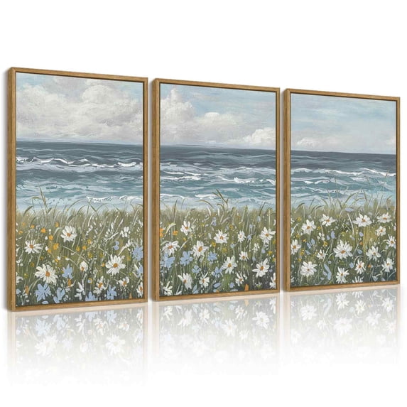 Drsoum Vintage Coastal Wildflower Field Wall Prints Classic Retro Farmhouse Landscape Wall Art 16x24in3pcs Natural Framed Rustic Decorations for Kitchen Bedroom