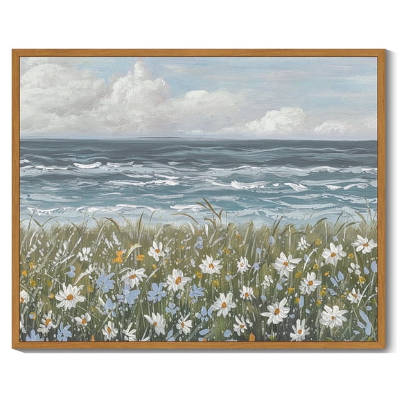 Drsoum Vintage Coastal Wildflower Field Wall Prints Classic Retro Farmhouse Landscape Wall Art Rustic Decorations for Living Room Bedroom 8x10in Natural Framed