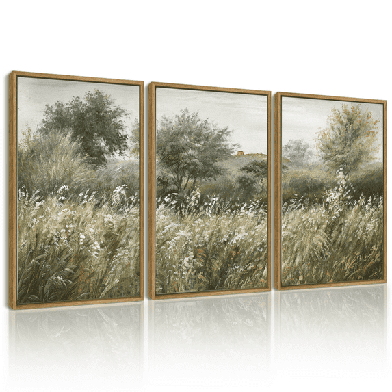 Drsoum Vintage Country Meadow Field Wall Prints Classic Retro Farmhouse Landscape Wall Art 16x24in3pcs Natural Framed Rustic Decorations for Kitchen Bedroom