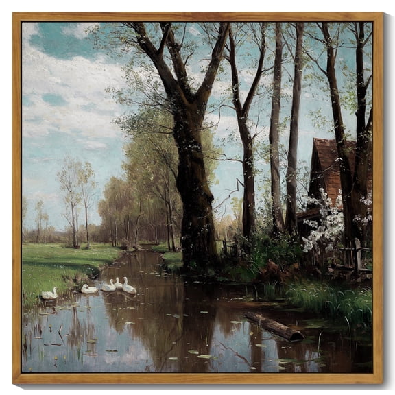 Drsoum Vintage Countrysid and Rivulet Framed Wall Art 16x16in Natural Framed Classic Retro Summer Idyll Village Landscape Rustic Wall Prints Farmhouse Kitchen Bathroom Office Decor