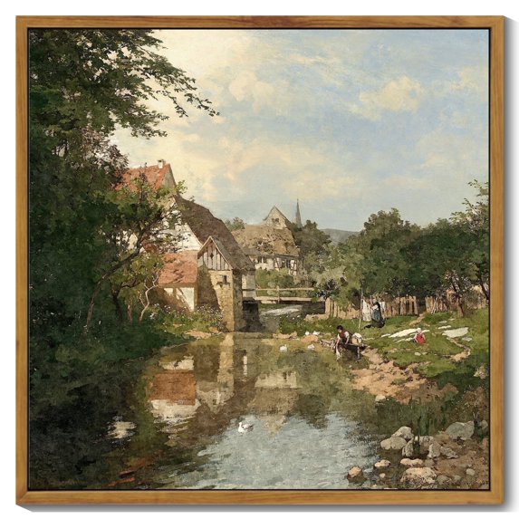 Drsoum Vintage Countrysid and Rivulet Wall Art 16x16in Natural Framed Classic Retro Village Landscape Rustic Wall Prints Farmhouse Kitchen Bathroom Office Decor