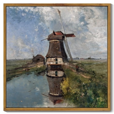 Drsoum Vintage Countrysid and Rivulet Wall Art 16x16in Natural Framed Classic Retro Windmill Village Landscape Rustic Wall Prints Farmhouse Kitchen Bathroom Office Decor