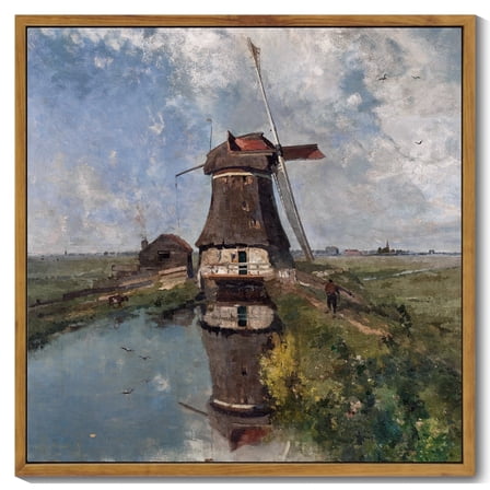 Drsoum Vintage Countrysid and Rivulet Wall Art 16x16in Natural Framed Classic Retro Windmill Village Landscape Rustic Wall Prints Farmhouse Kitchen Bathroom Office Decor