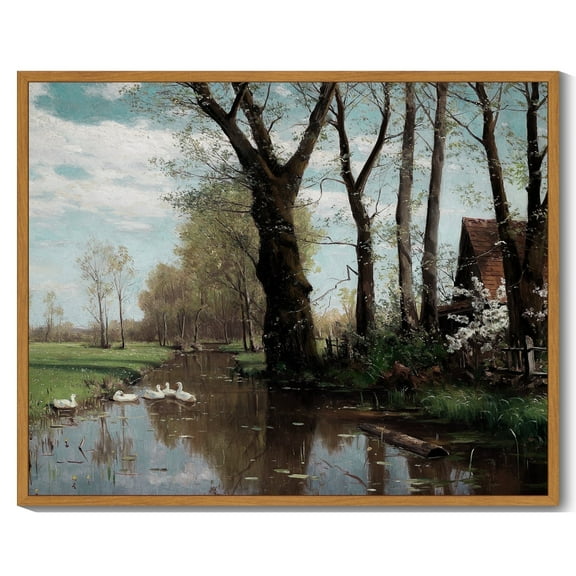 Drsoum Vintage Countrysid and Rivulet Wall Art Classic Retro Summer Idyll Village Landscape Rustic Wall Prints Farmhouse Kitchen Bathroom Office Decor 8x10in Natural Framed