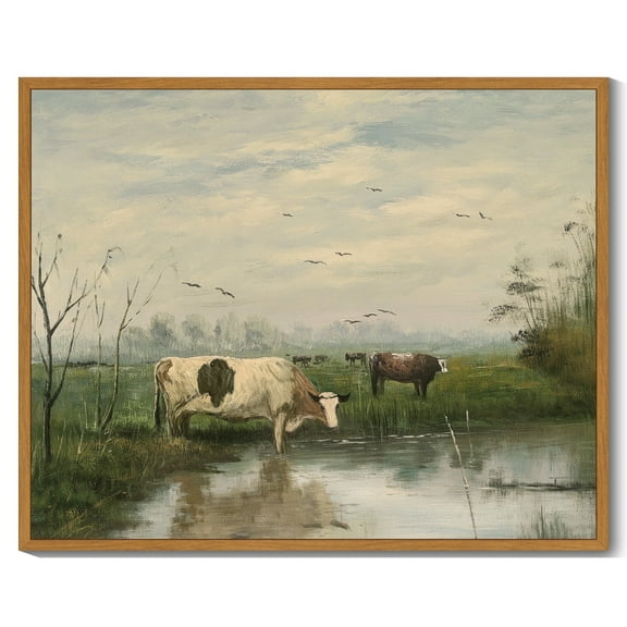 Drsoum Vintage Cow Farm Dairy Cattle Classic Wall Prints Classic Retro Farmhouse Landscape Wall Art Rustic Decorations for Living Room Bedroom 8x10in Natural Framed