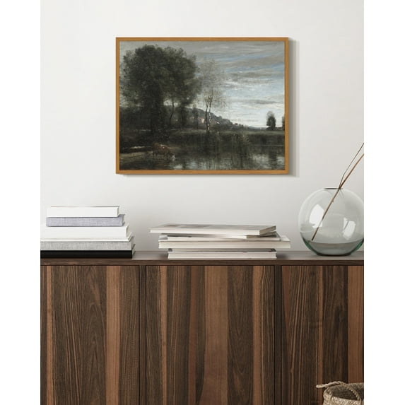 Drsoum Vintage Farmhouse Lake Cattle Wall Art 11x14in Natural Framed Rustic Retro Countryside Landscape Prints Classic Decorations for Bathroom Bedroom