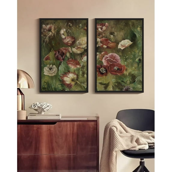 Drsoum Vintage Flower Wall Art 16x24in2pcs Black Framed Poppies Floral Classic Wall Prints Modern Farmhouse Bedroom Living room Office Decor