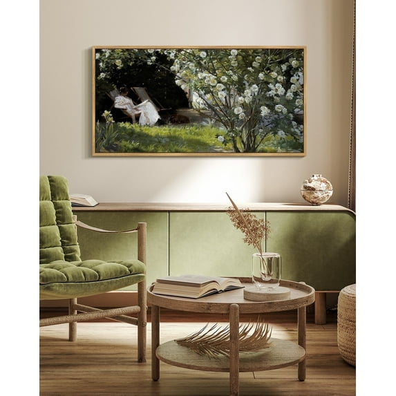 Drsoum Large 20x40in Natural Framed Vintage Flower Garedn Landscape Framed Wall Art Classic Retro Floral Wall Prints Farmhouse Living room Bedroom Office Decor