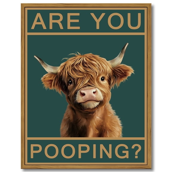 Drsoum Vintage Highland Cow Funny "Are You Pooping?" Bathroom Wall Decor for Western & Highland Cow Lovers 11x14in Brown Framed