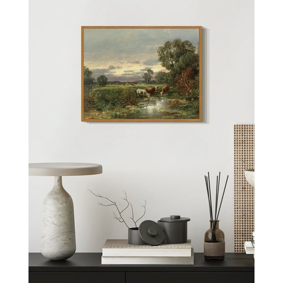 Drsoum Vintage Landscape Canvas Wall Art 11x14in Natural Framed Cow Farm Classic Wall Prints Modern Farmhouse Bathroom Office Decor