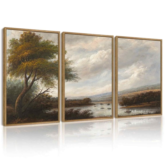 Drsoum Vintage Landscape Wall Art 16x24in3pcs Brown Framed Riverside Scenery Farmhouse Decor Retro Boat Travel Painting for Kitchen Living Room Bedroom