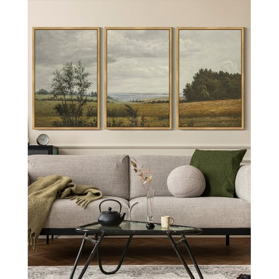 Drsoum Vintage Landscape Wall Art 16x24in3pcs Natural Framed Grassland Wall Prints Classic Retro Farmhouse Rustic Decorations for Living Room Bedroom