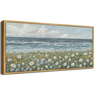 Drsoum Vintage Landscape Wall Art Coastal Wildflower Field Wall Prints Classic Retro Farmhouse Rustic Decorations for Living Room Bedroom 8x16in Natural Framed