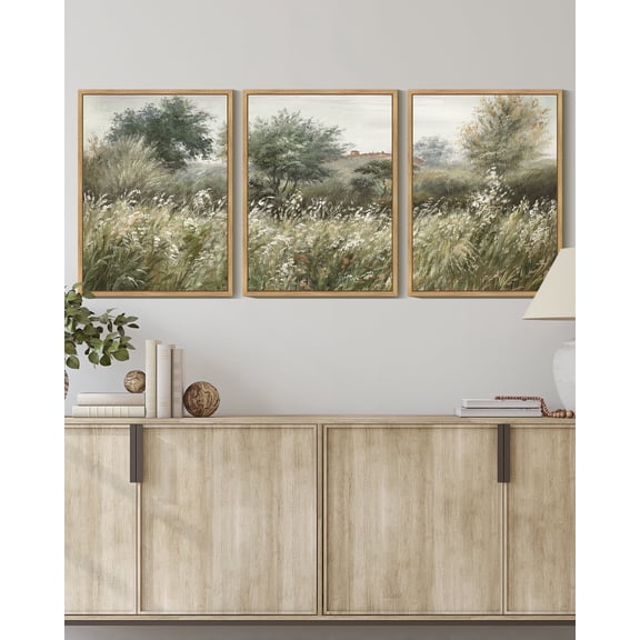 Drsoum Vintage Landscape Wall Art Country Meadow Field Wall Prints Classic Retro Farmhouse Rustic Decorations for Office Bedroom 11x14in3pcs Natural Framed