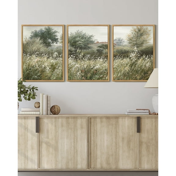 Drsoum Vintage Landscape Wall Art Country Meadow Field Wall Prints Classic Retro Farmhouse Rustic Decorations for Office Bedroom 11x14in3pcs Natural Framed