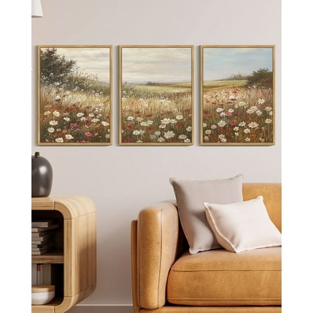 Drsoum Vintage Landscape Wall Art Grassland Meadow Wildflower Field Wall Prints Classic Retro Farmhouse Rustic Decorations 11x14in3pcs Natural Framed