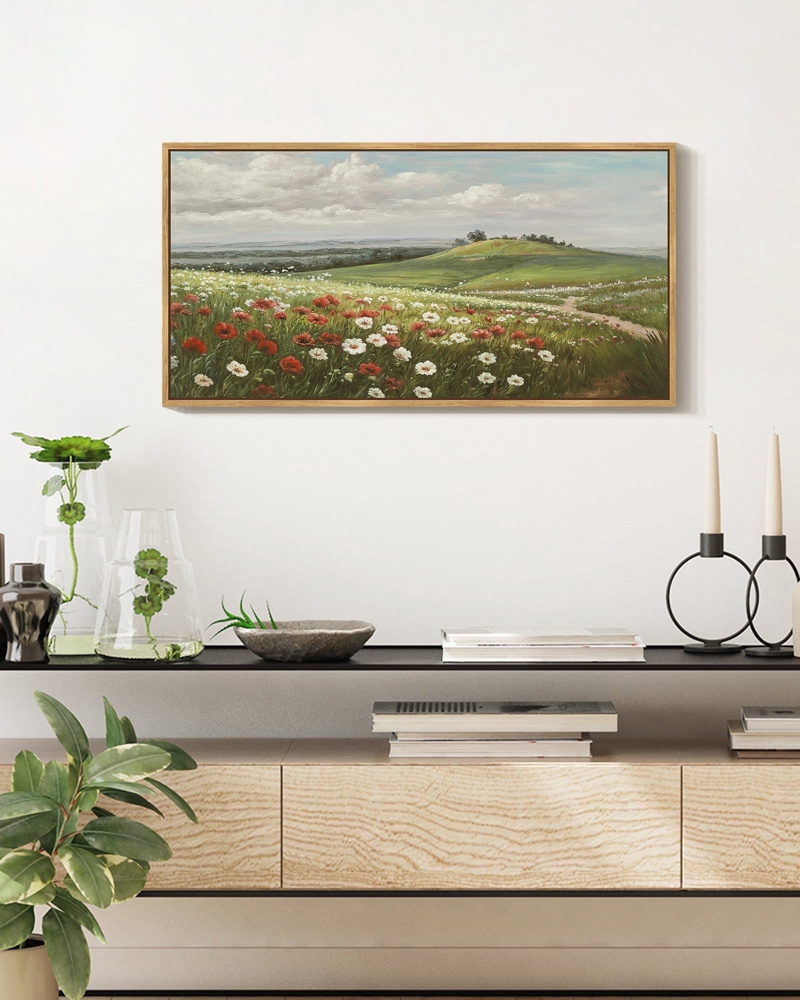 Drsoum Vintage Landscape Wall Art Grassland Meadow Wildflower Field Wall Prints Classic Retro Farmhouse Rustic Decorations for Living Room Bedroom 8x16in Natural Framed