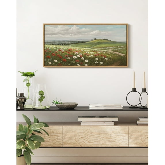 Drsoum Vintage Landscape Wall Art Grassland Meadow Wildflower Field Wall Prints Classic Retro Farmhouse Rustic Decorations for Living Room Bedroom 8x16in Natural Framed