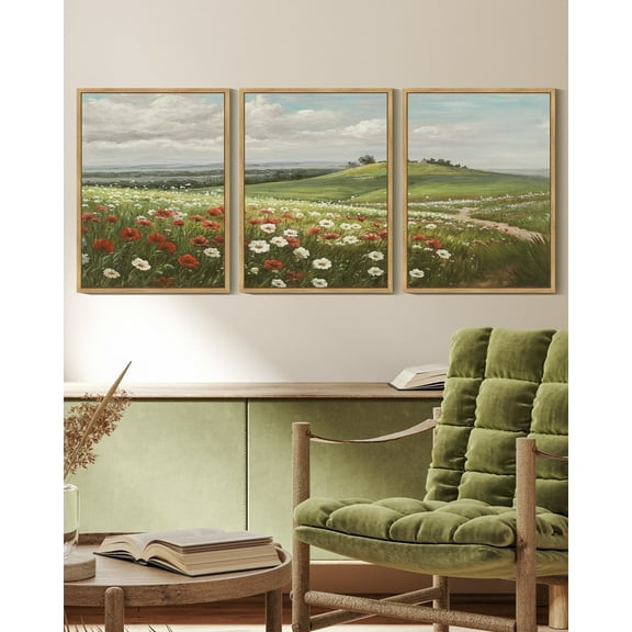 Drsoum Vintage Landscape Wall Art Grassland Meadow Wildflower Field Wall Prints Classic Retro Farmhouse Rustic Decorations for Office Bedroom 11x14in3pcs Natural Framed