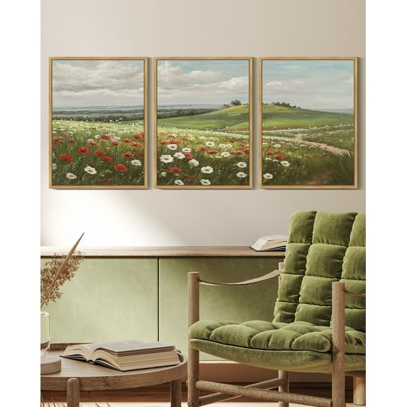 Drsoum Vintage Landscape Wall Art Grassland Meadow Wildflower Field Wall Prints Classic Retro Farmhouse Rustic Decorations for Office Bedroom 11x14in3pcs Natural Framed