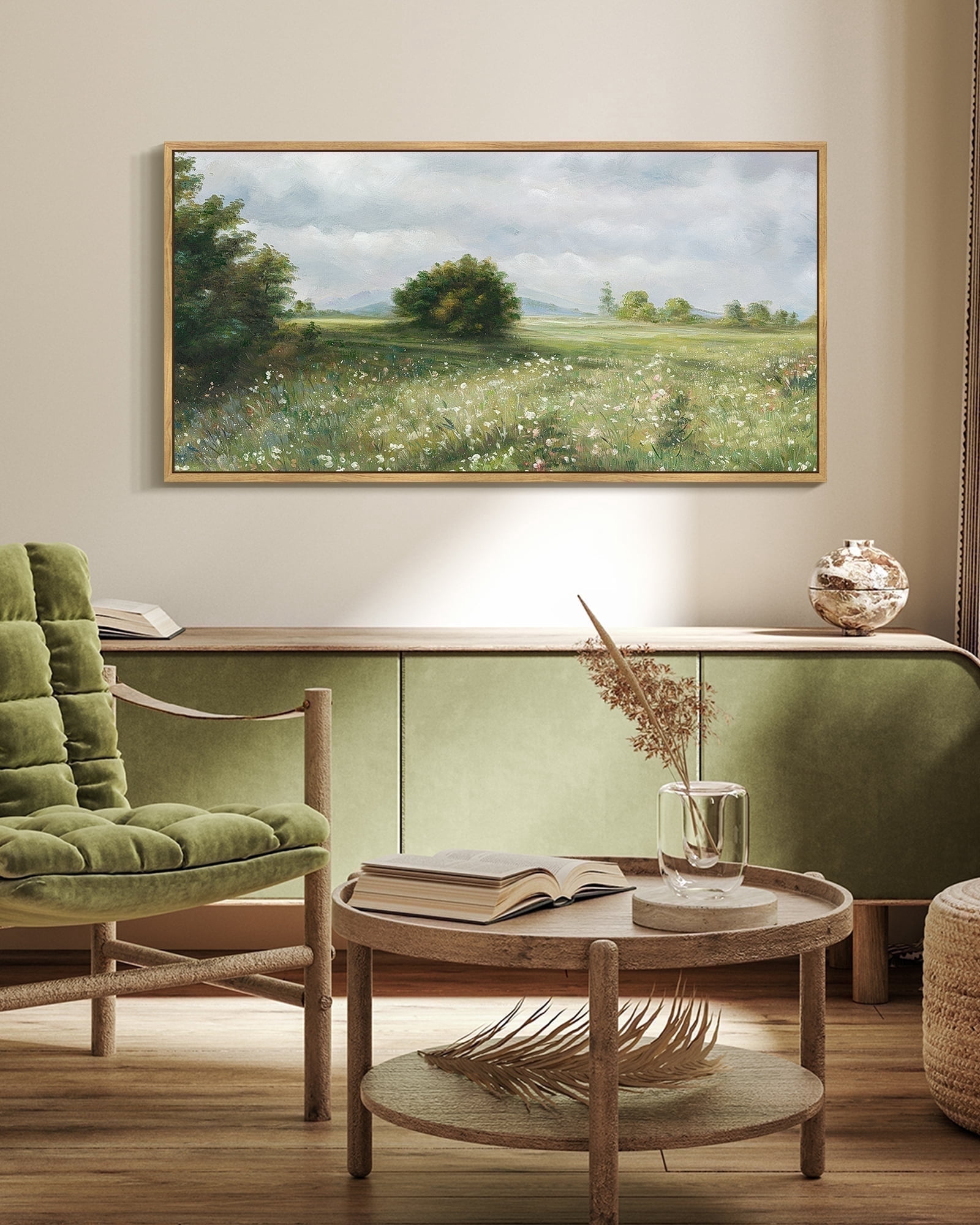 Drsoum Large 20x40in Natural Framed Vintage Landscape Wall Art Home Decor Grassland Classic Wall Prints Farmhouse Bedroom Office Decor