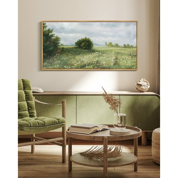 Drsoum Large 20x40in Natural Framed Vintage Landscape Wall Art Home Decor Grassland Classic Wall Prints Farmhouse Bedroom Office Decor