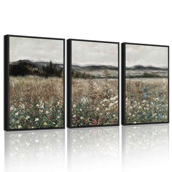 Drsoum Vintage Landscape Wall Art Meadow Flowers Farmhouse Decor Retro Classic Painting for Kitchen Living Room 11x14in3pcs Black Framed