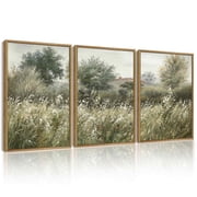 Drsoum Vintage Landscape Wall Art Meadow Scenery Farmhouse Decor Retro Painting for Living Room Bedroom 12x16in3pcs Brown Framed