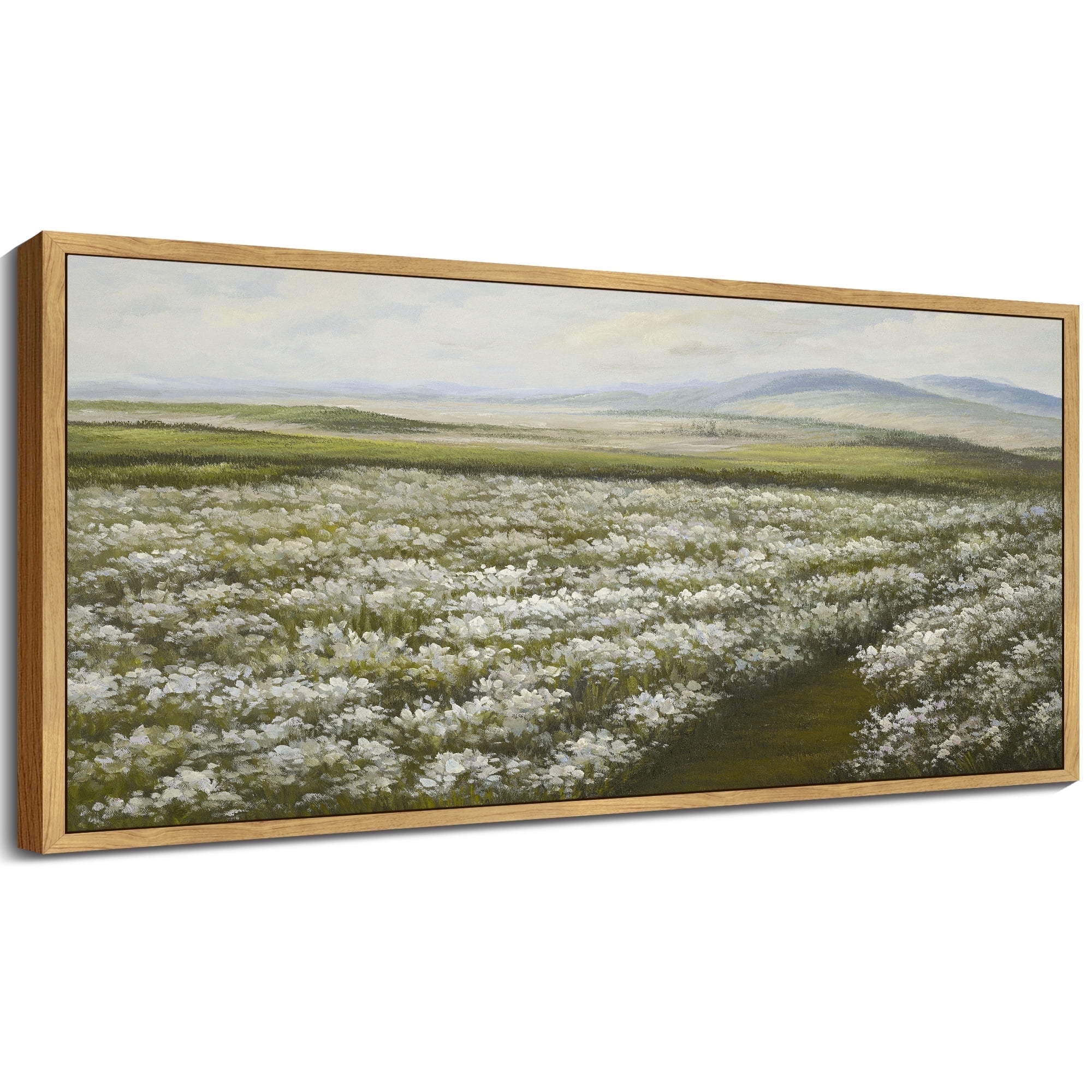 Drsoum Vintage Landscape Wall Art Meadow Sea of Flower Field Wall Prints Classic Retro Farmhouse Rustic Decorations for Living Room Bedroom 8x16in Natural Framed
