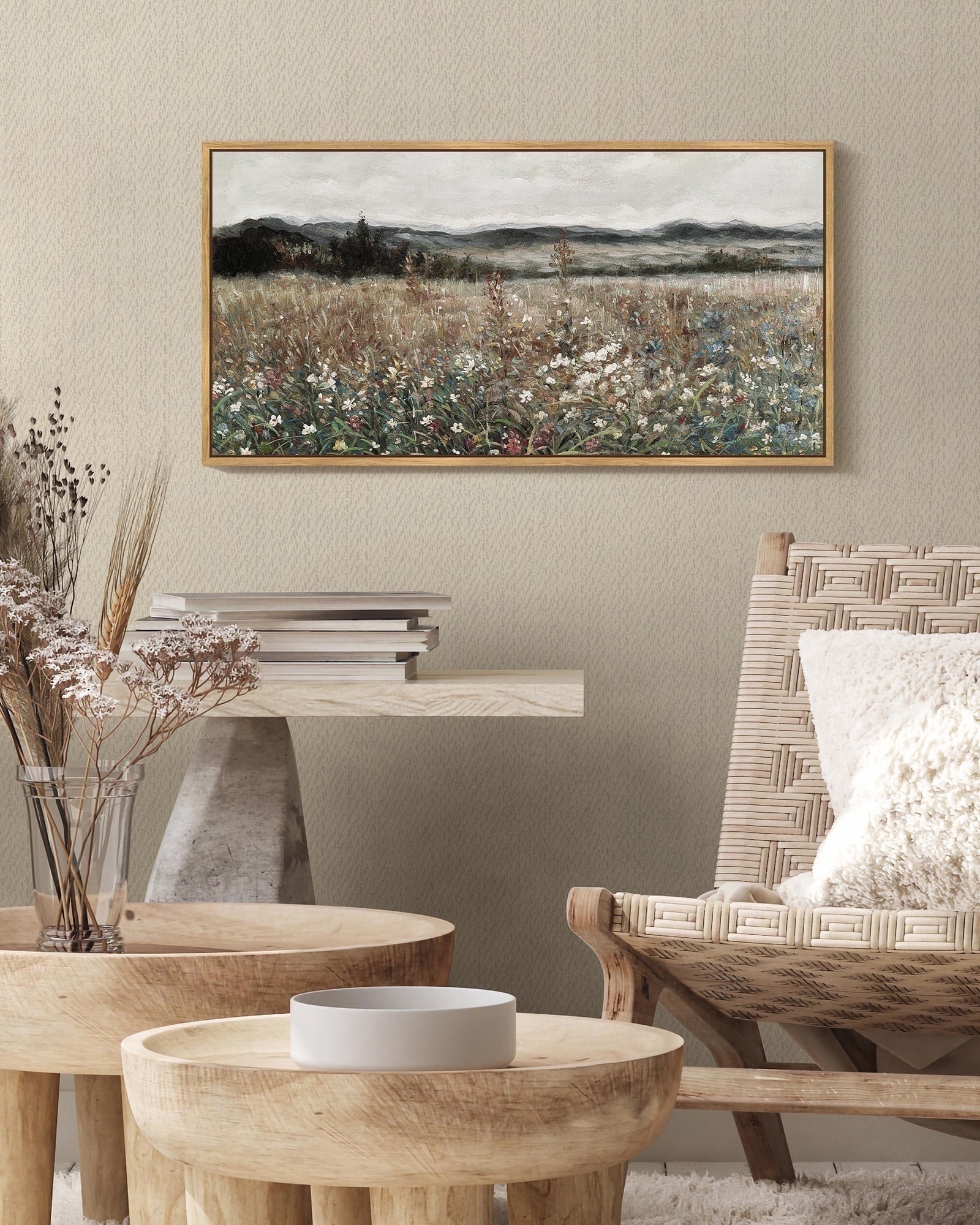 Drsoum Vintage Landscape Wall Art Meadow Sea of Flower Wall Prints Classic Retro Farmhouse Rustic Decorations for Living Room Bedroom 8x16in Natural Framed