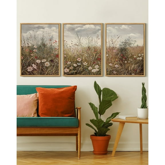 Drsoum Vintage Landscape Wall Art Meadow Wildflower Field Wall Prints Classic Retro Farmhouse Rustic Decorations for Office Bedroom 11x14in3pcs Natural Framed