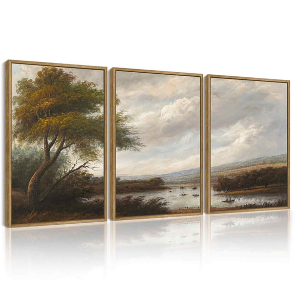 Drsoum Vintage Landscape Wall Art Riverside Scenery Farmhouse Decor Retro Boat Travel Painting for Kitchen Living Room Bedroom 12x16in3pcs Brown Framed