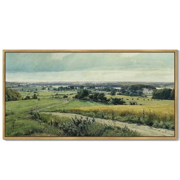 Drsoum Vintage Landscape Wall Art Rustic Countryside Meadow Farmhouse Decor Retro Grassland Painting for Kitchen Bedroom Living Room Bathroom 8x16in Natural Framed