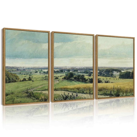 Drsoum Vintage Landscape Wall Art Rustic Countryside Meadow Farmhouse Decor Retro Grassland Painting for Kitchen Living Room Bedroom 11x14in3pcs Brown Framed