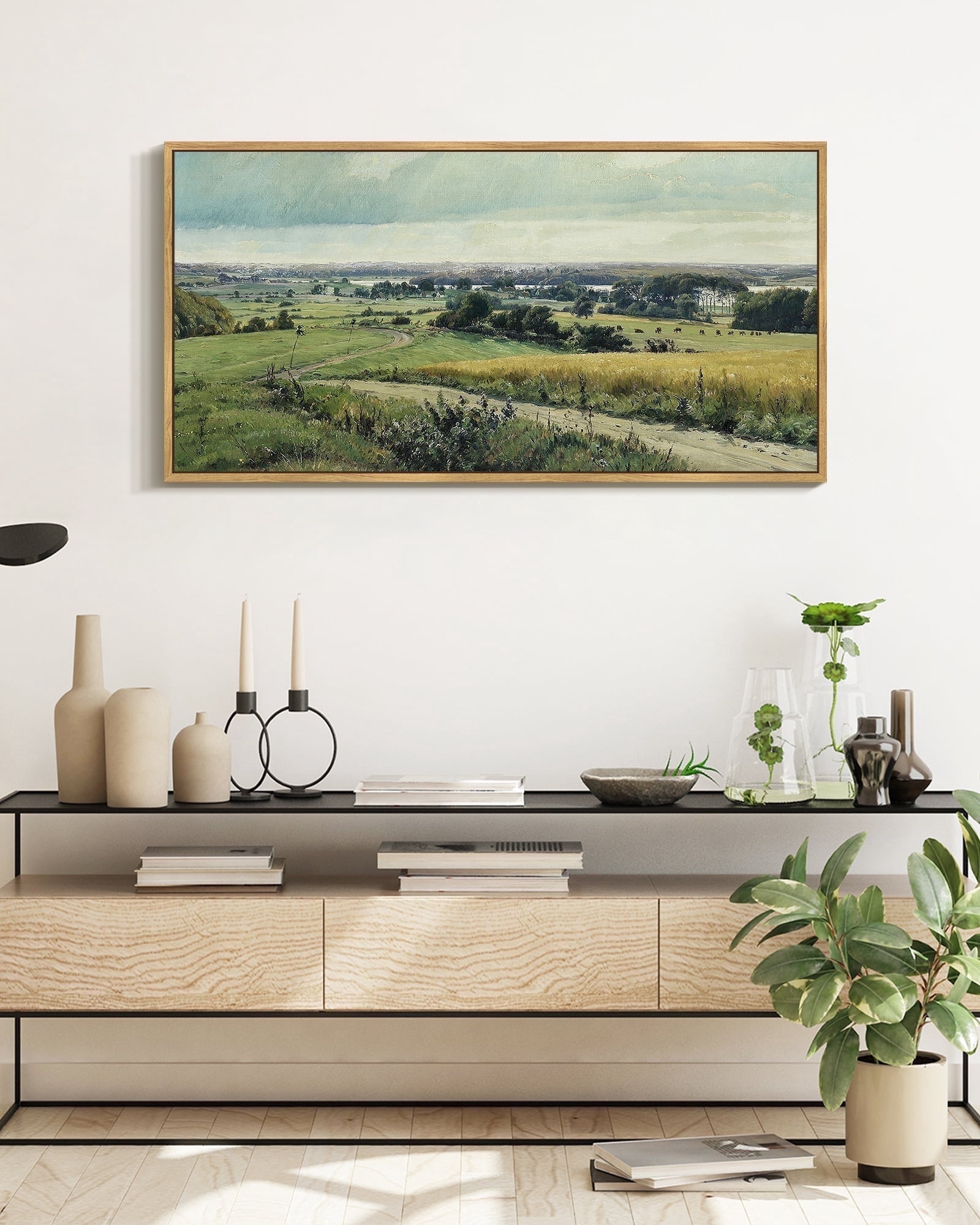 Drsoum Large 20x40in Natural Framed Vintage Landscape Wall Art Rustic Countryside Meadow Farmhouse Decor Retro Grassland Painting for Bedroom Living room Bedroom