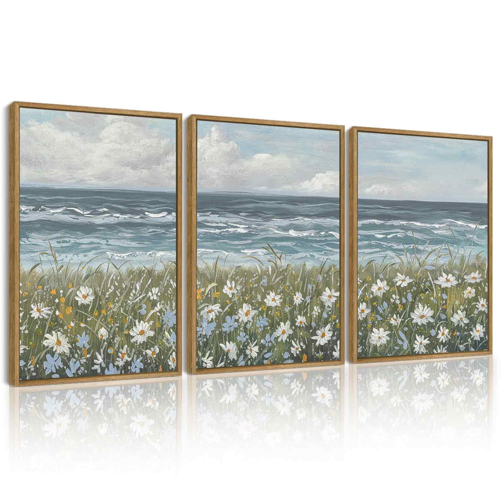 Drsoum Vintage Landscape Wall Art Sea Coastal Wildflower Field Scenery Farmhouse Decor Retro Painting for Living Room Bedroom 12x16in3pcs Brown Framed