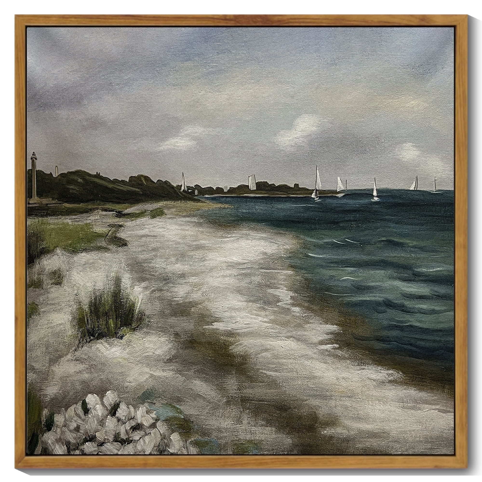 Drsoum Vintage Ocean Seascape Canvas Wall Art 16x16in Natural Framed Seaside Coastal Scenery Classic Bedroom Office Decor