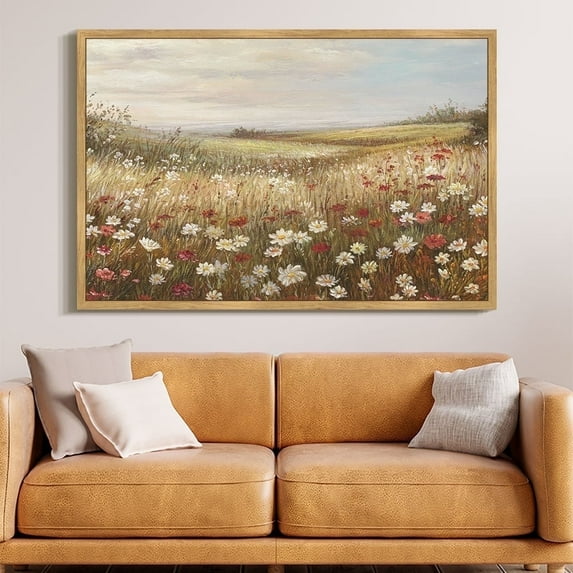 Drsoum Vintage Rural wildflowers Wall Art 24x36in Natural Framed Retro Rustic Landscape Wall Decor Farmhouse Kitchen Decor